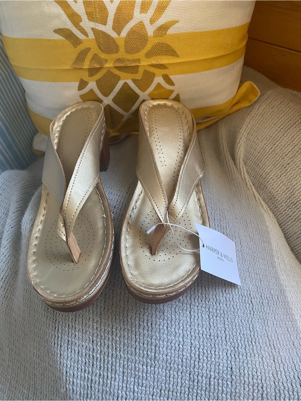 Harper & Wells Gold Leather Wedge Thong Sandals